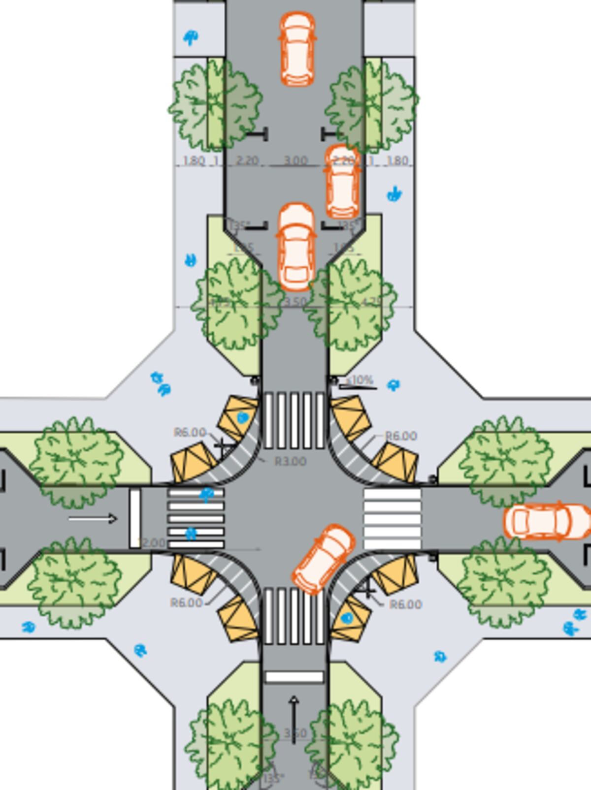 Calle barrial unidireccional. Diseñada para barrios residenciales de baja densidad, prioriza al peatón y reduce la velocidad vehicular.