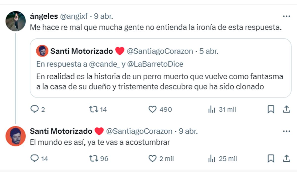 Santiago Motorizado y sus tuit irónicos sobre El tesoro y los perros de Javier Milei.