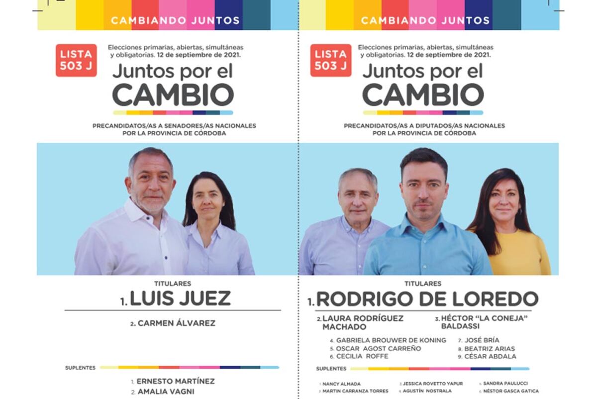 Boleta de Juntos por el Cambio (Cambiando Juntos) de Rodrigo de Loredo y Luis Juez para las Paso 2021