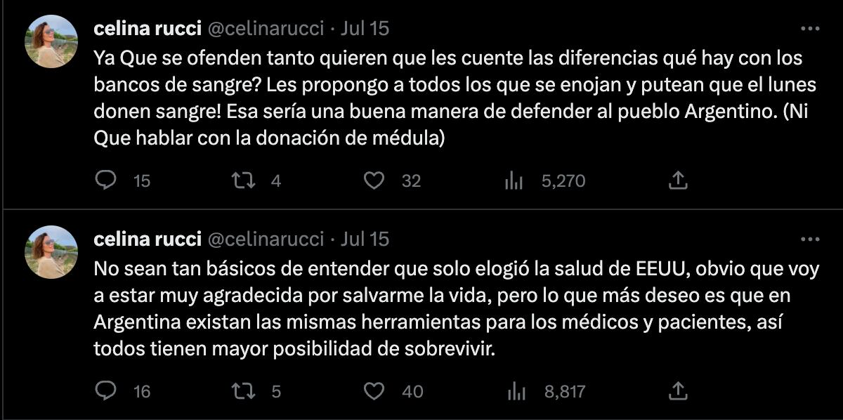 Los tuits de Celina Rucci que provocaron indignación en las redes sociales. (Fotos: captura de pantalla)