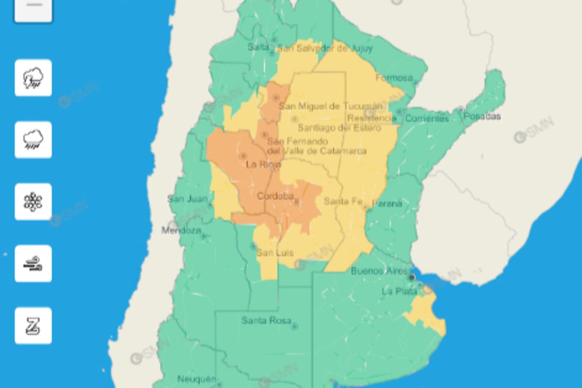 Alerta amarilla y naranja por tormentas para este jueves 12 de enero. (SMN)