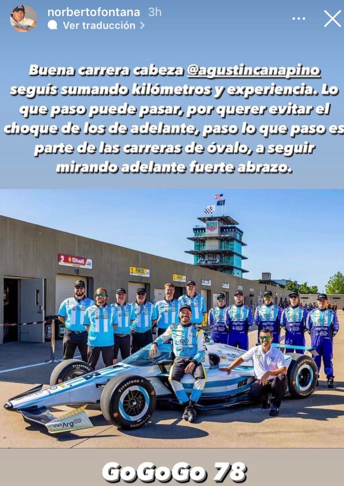El saludo de Fontana a Canapino, tras las 500 Millas de Indianápolis.