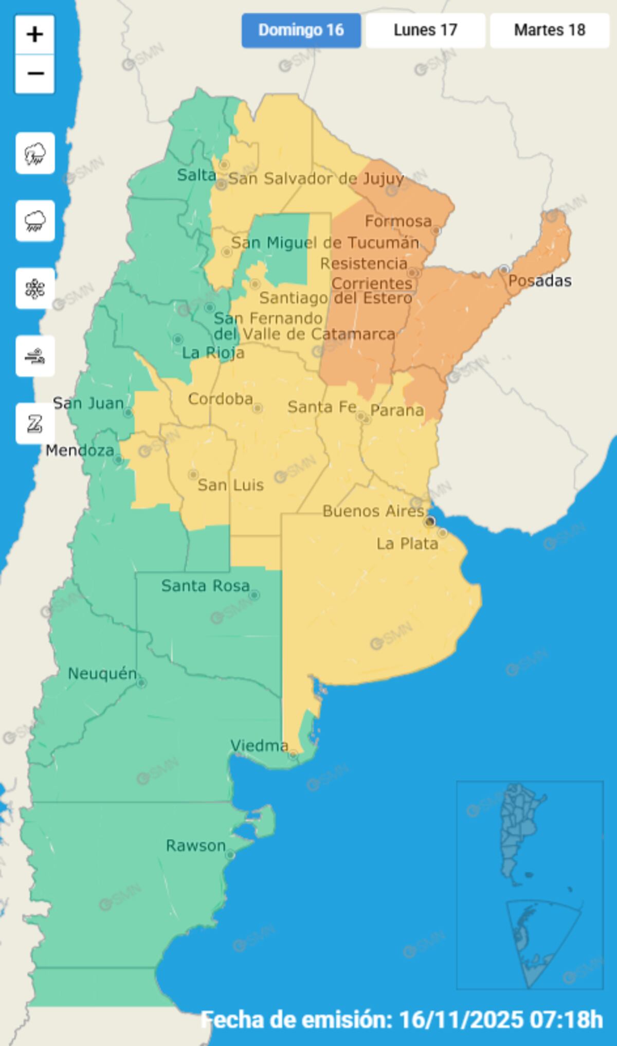 Clima en Córdoba. Alerta amarilla por vientos fuertes para este domingo 16 de noviembre. (SMN)