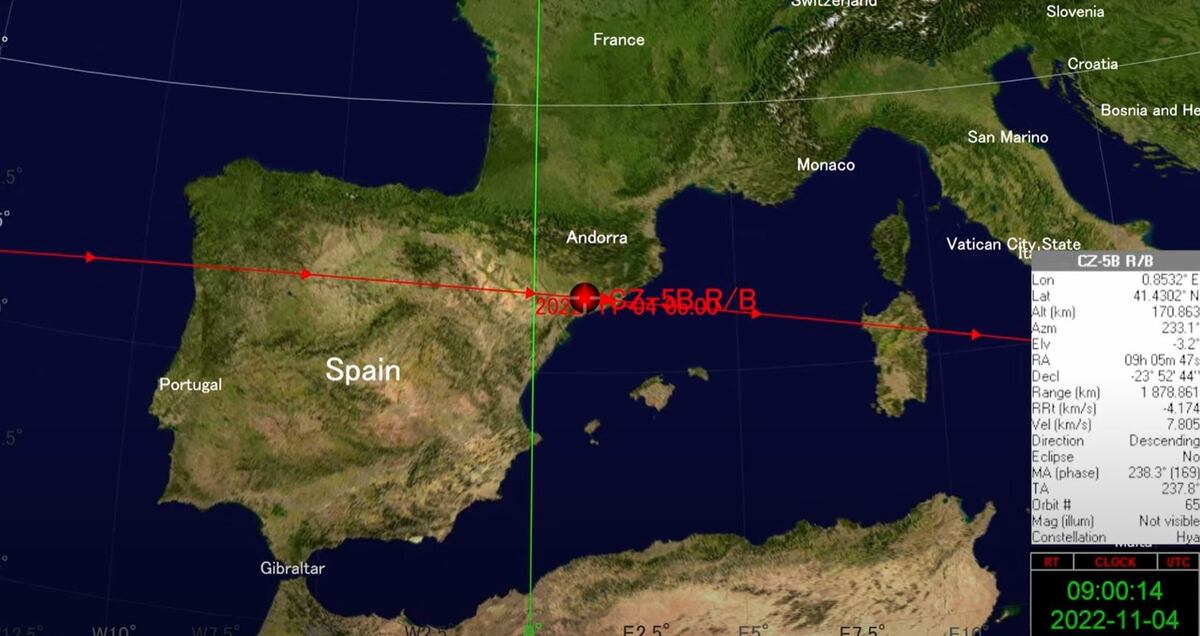 Trayectoria sobre España de los restos del cohete chino. (Satellite Tracker 3D/Europa Press/DPA)