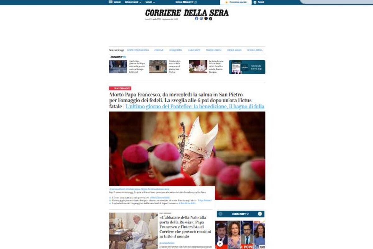 Corriere della Sera. Los portales del mundo se hicieron eco de la muerte dle Papa Francisco.