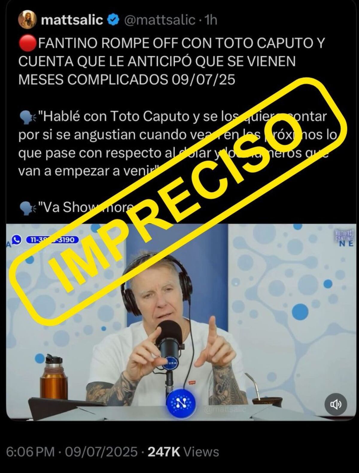 El video de Fantino hablando que Luis Caputo le dijo que “se vienen meses complicados” está descontextualizado. (La Voz Chequea)