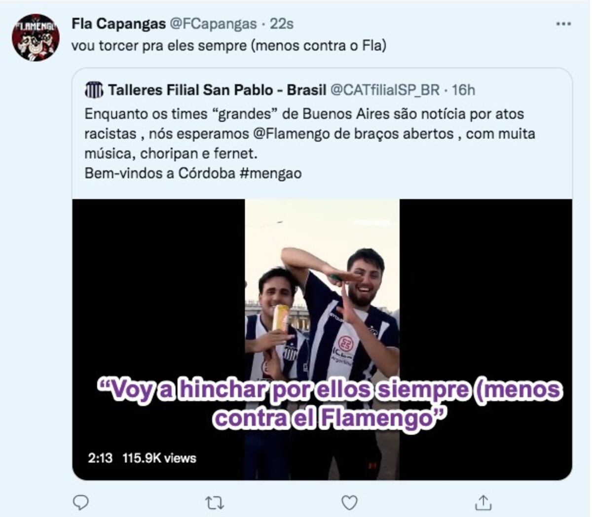 La hinchada de Flamengo elogiando a la de Talleres en redes sociales.
