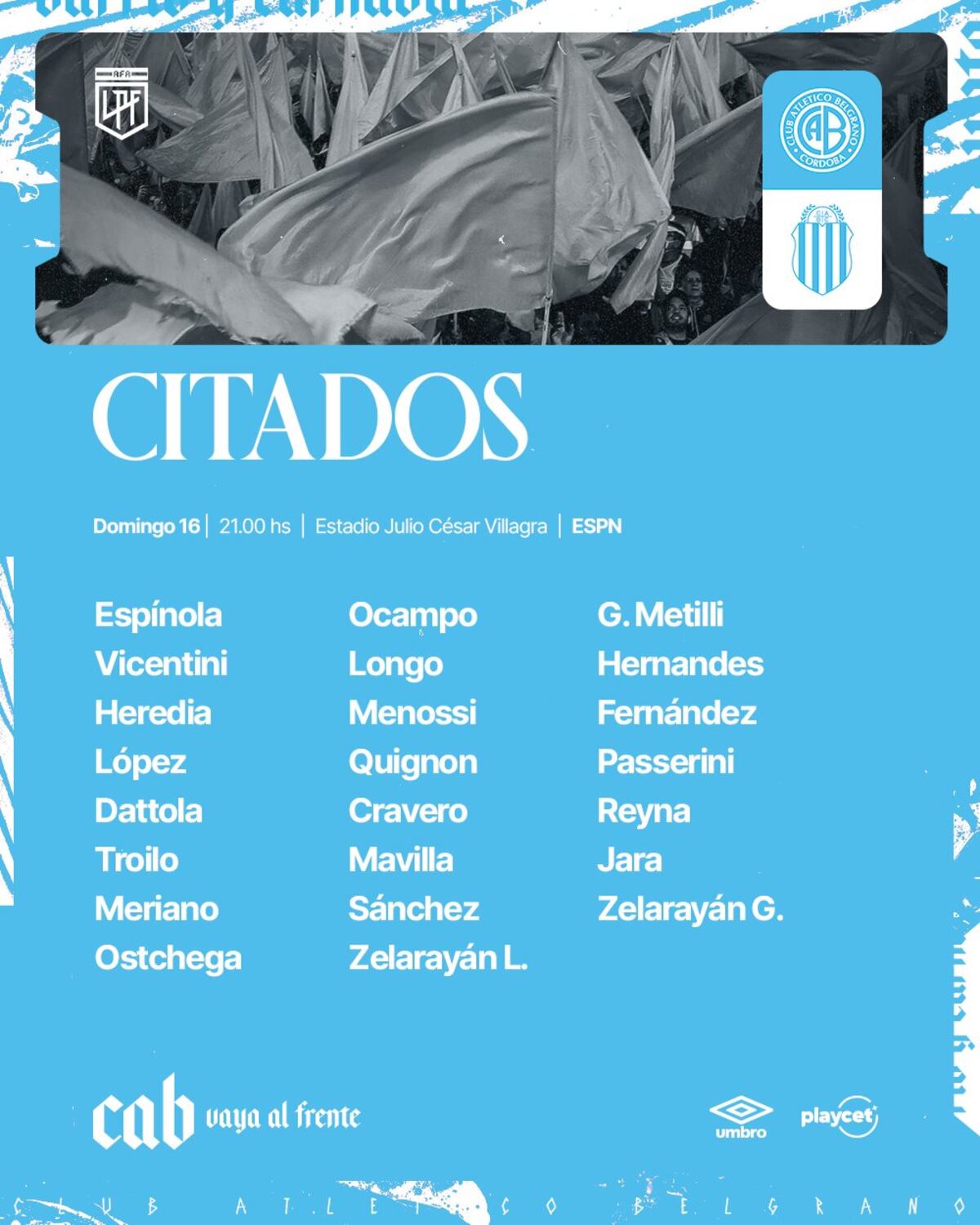 Los citados para jugar ante Barracas Central (Prensa Belgrano).