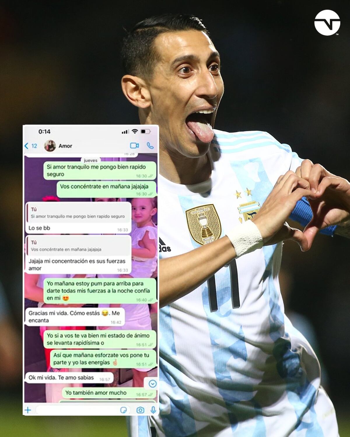 El chat de Di María con su mujer previo al partido con Uruguay. (Gentileza TNT Sports).