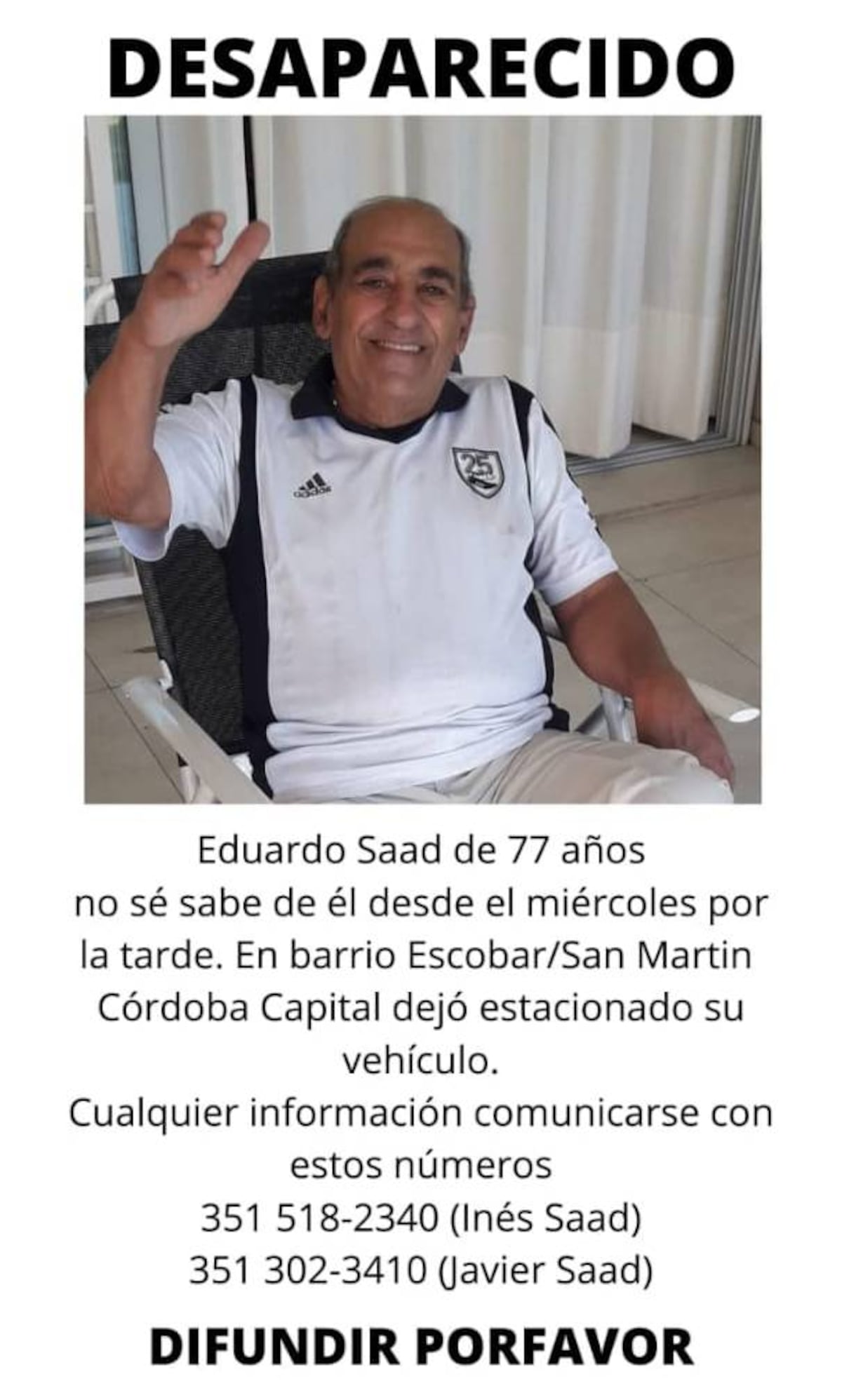 Eduardo Saad está desaparecido desde el miércoles (Gentileza Javier Saad).