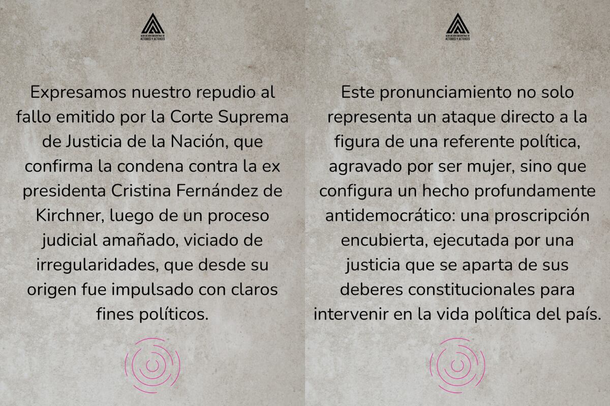 El comunicado en defensa de Cristina Fernández de Kirchner. (AAA)