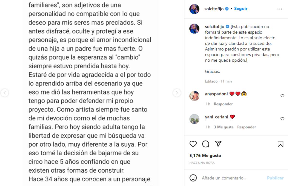 Fuertes declaraciones de Sol Fijo. (Instagram @solcitofijo)