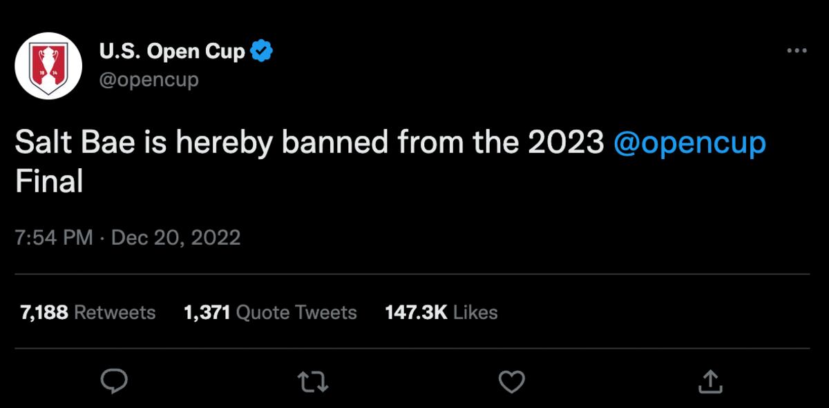 El tuit de U.S. Open Cup en el que aseguran que Salt Bae tiene prohibida la entrada al torneo.