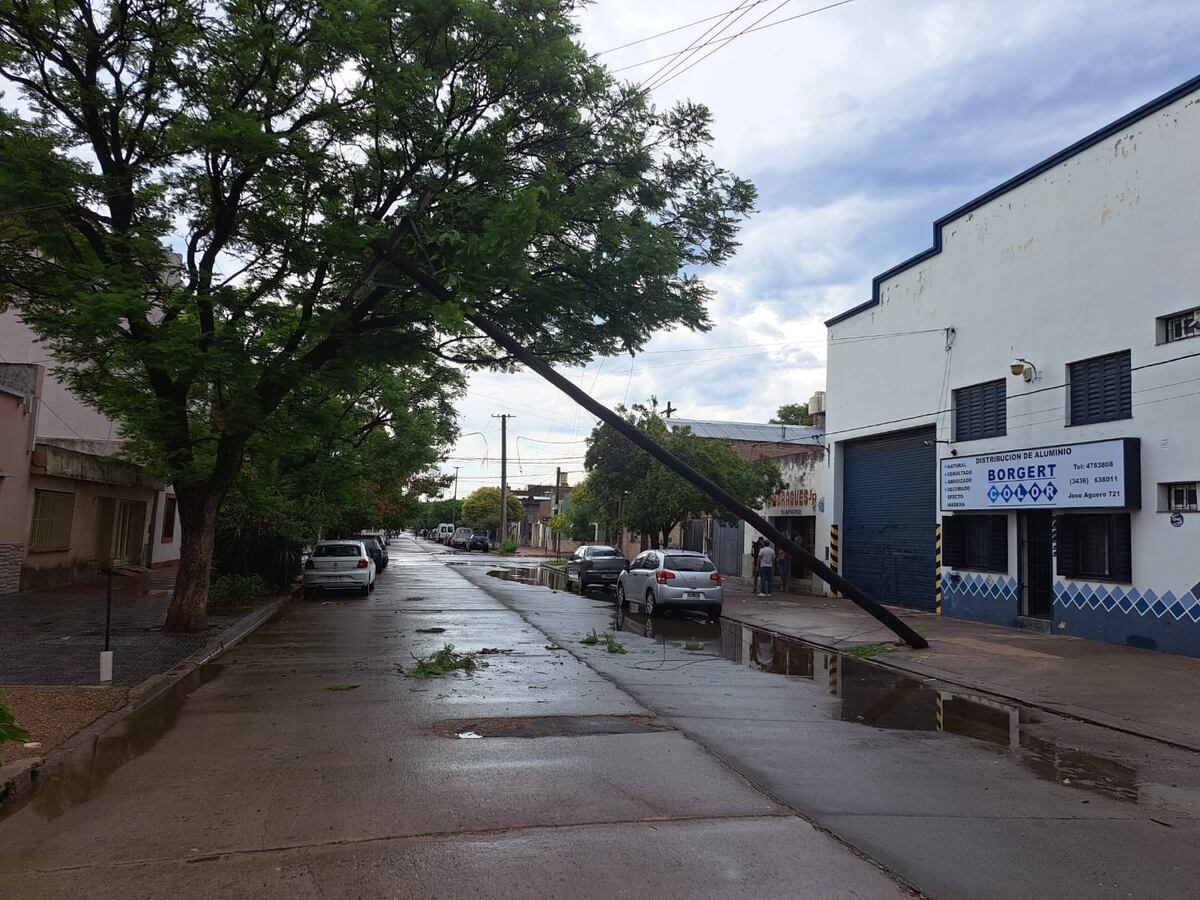 En Barrio General Bustos. José Eusebio Agüero al 700 un poste caido por la lluvia. Foto Nicolas Bravo