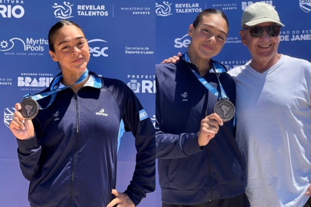 Sol Hormaeche con su medalla de bronce y entrenador en el Sudamericano Juvenil de Río de Janeiro. (Bucor)