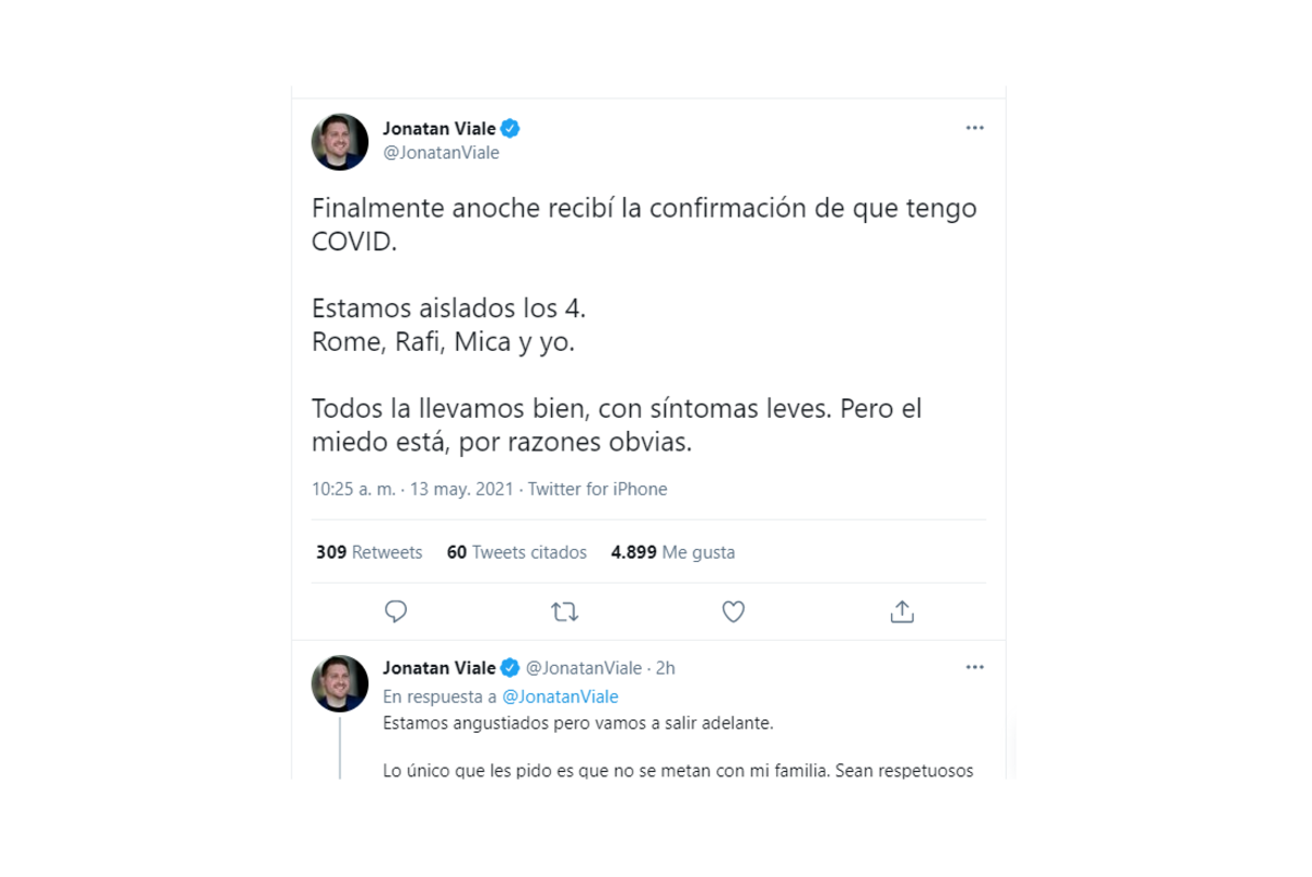El mensaje de Jonatan Viale tras dar positivo de coronavirus (Captura de pantalla).