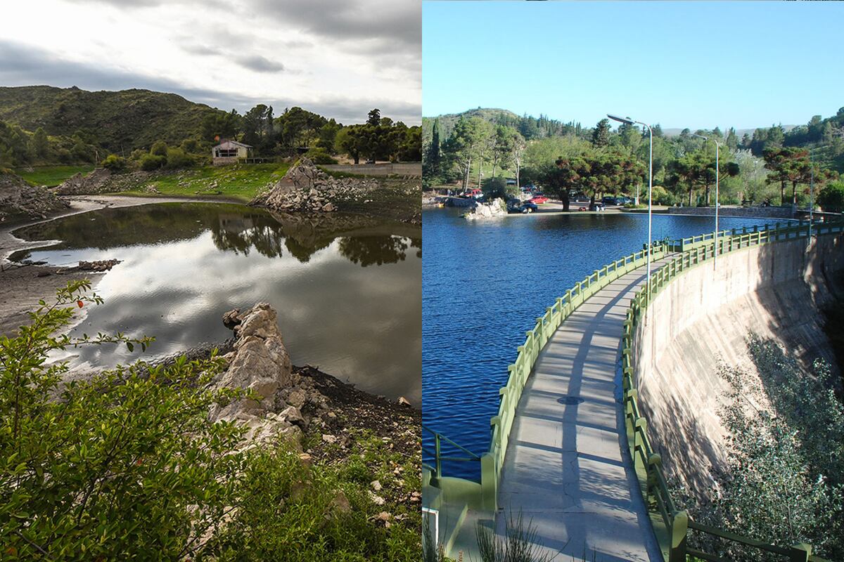Dique San Jerónimo, La Cumbre. Antes y después de la sequía extrema que vive Córdoba. (Fotomontaje Martín Ferraro / La Voz)