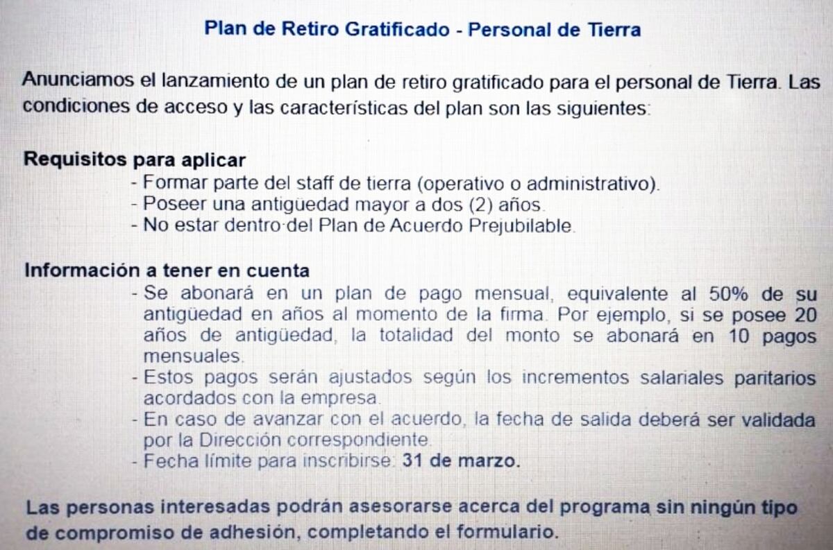 Retiro en Aerolíneas. El comunicado que les envió a los empleados (Gentileza FM La Patriada).