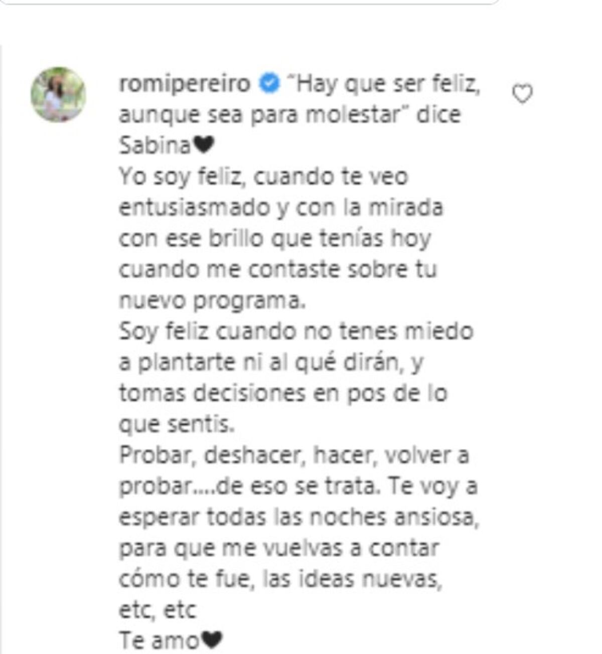 El amoroso mensaje de Pereiro para su esposo. (Captura)