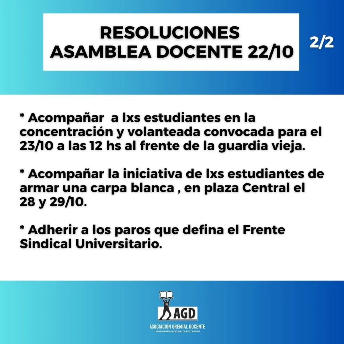 Río Cuarto. Las medidas definidas por la asamblea docente (Gentileza AGD).