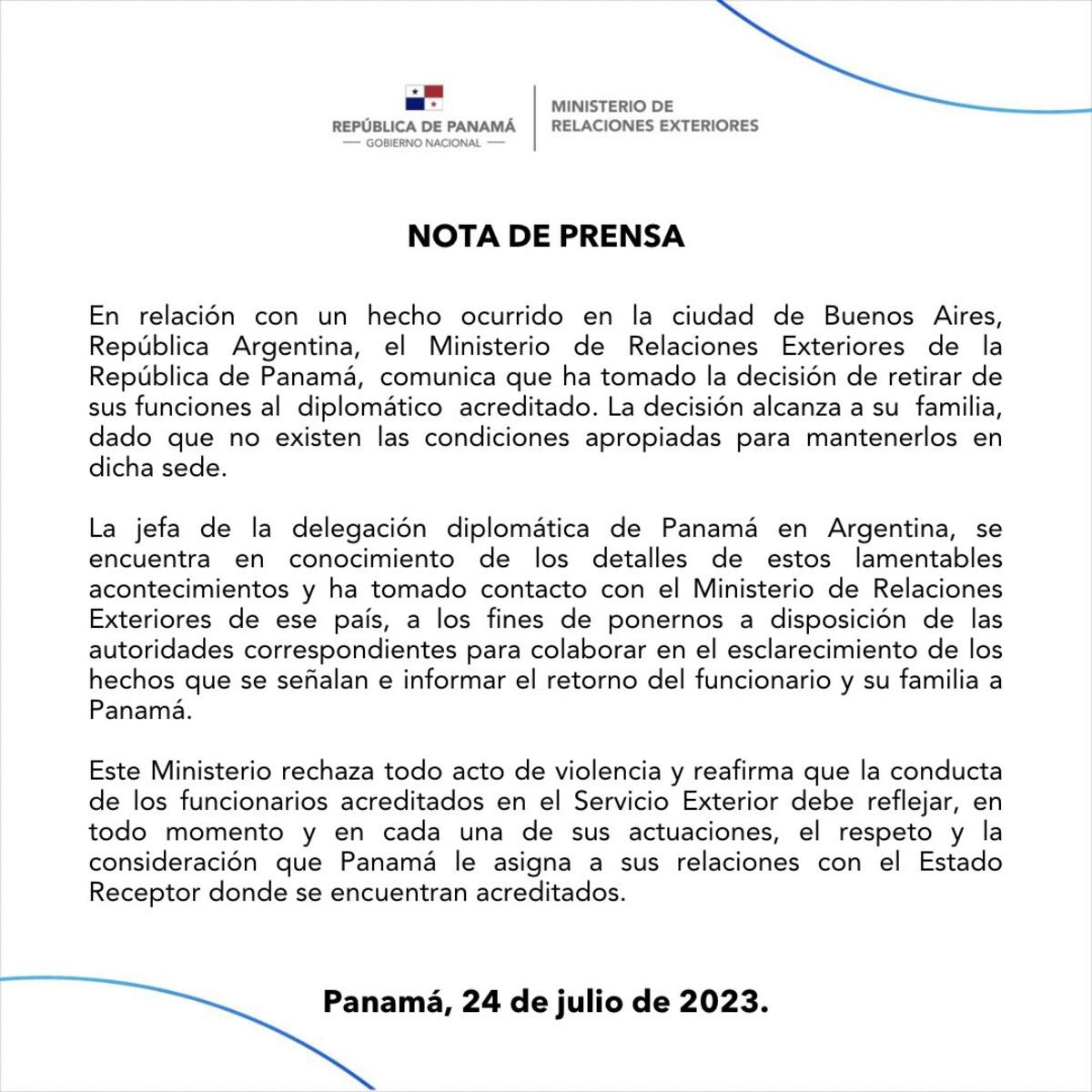 El comunicado de la Embajada de Panamá sobre el episodio ocurrido en Recoleta.