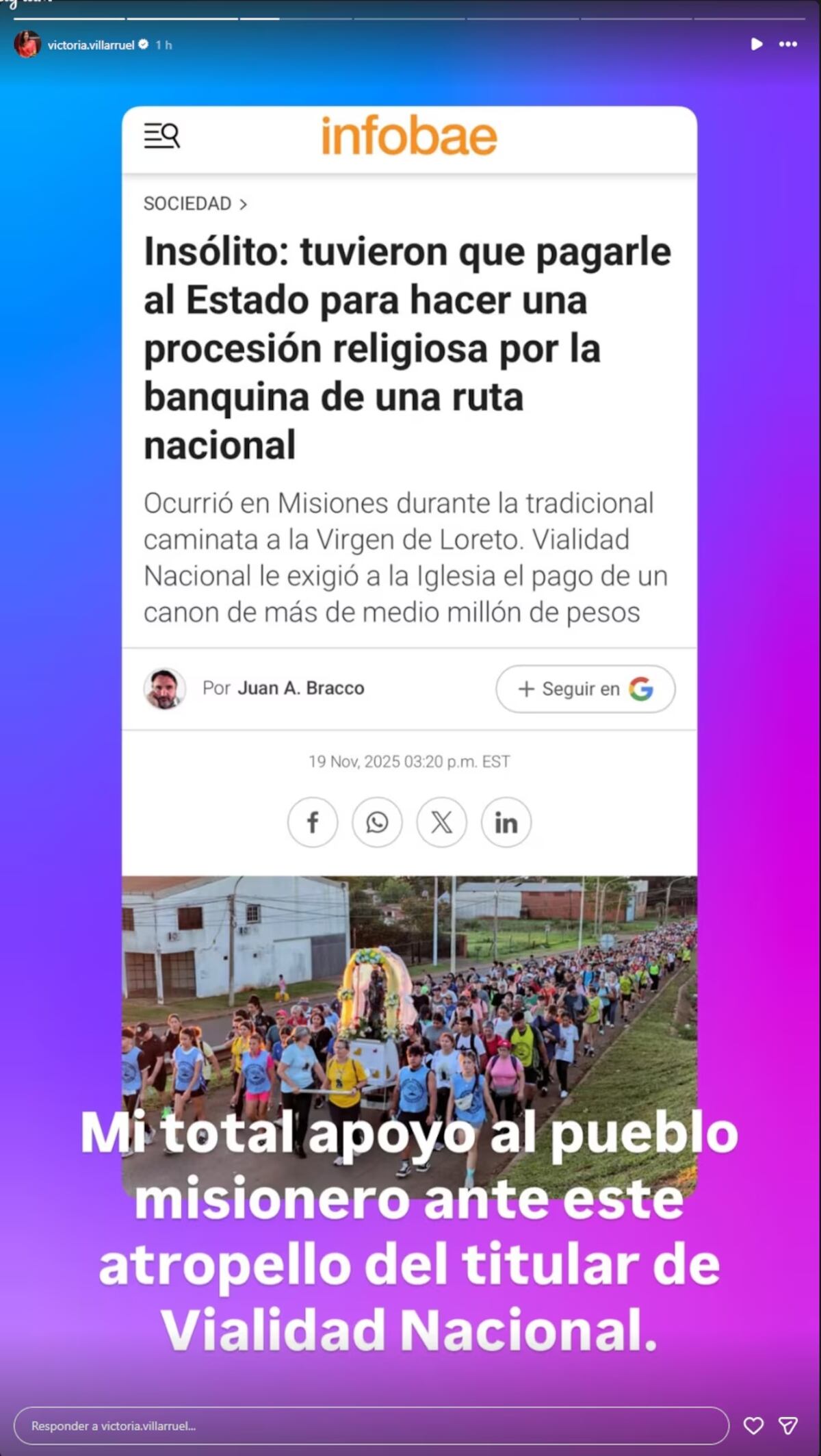 El comunicado de Victoria Villaruel en Instagram sobre el pago por peregrinar en Misiones