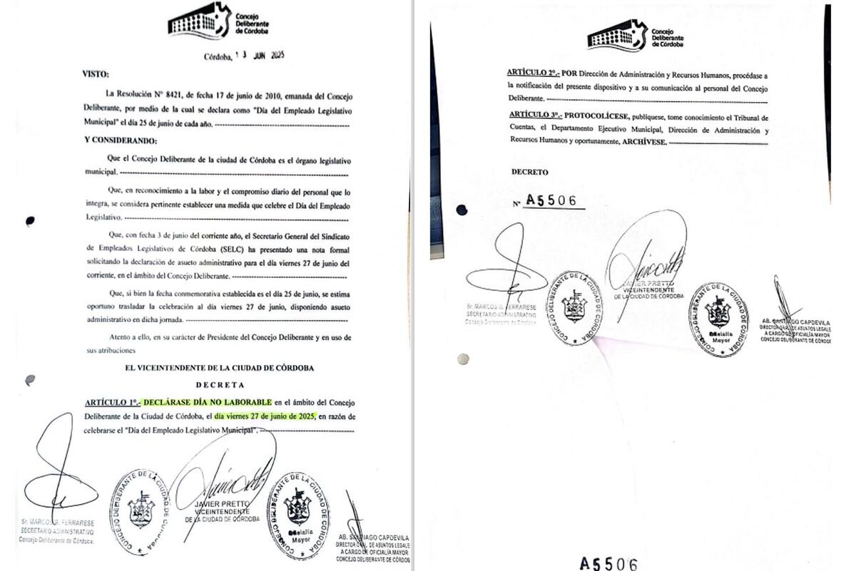 La resolución del Concejo Deliberante de Córdoba sobre el asueto por el Día del Empleado Legislativo Municipal. (La Voz)