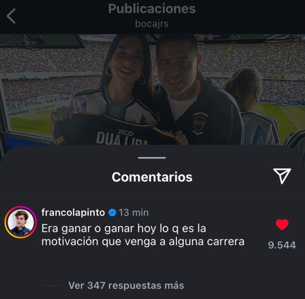 Franco Colapinto y el inesperado pedido a Dua Lipa tras el triunfo de Boca en el Superclásico