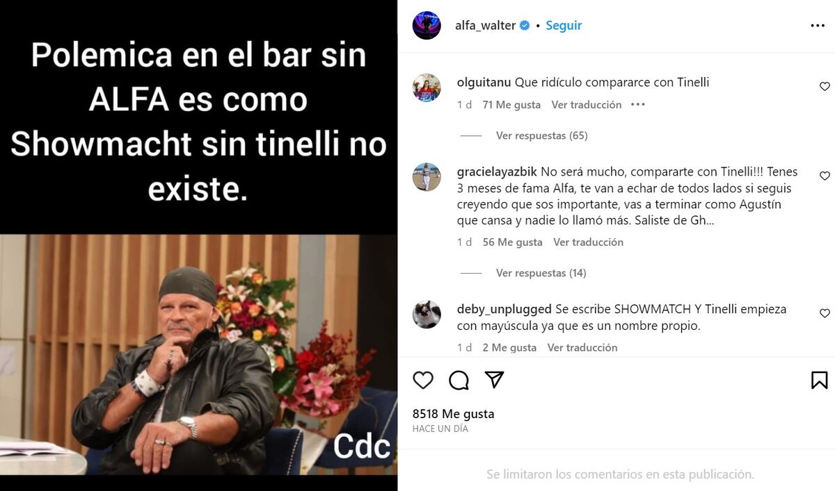 Alfa se hizo eco de comentarios sobre su ausencia en "Polémica en el bar". (Instagram Alfa)