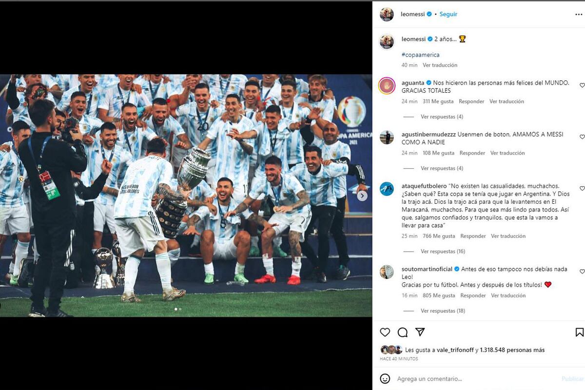 Poste de Leo Messi para conmemorar los dos años del titulo conseguido en Brasil, Copa América 2021. (@leomessi)
