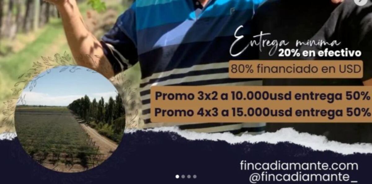Finca Diamante. Ofrecían terrenos en "promoción 3x2", algo absolutamente inusual en ventas de esta clase en el mercado legal. Habría sido un "anzuelo" para el fraude. (Instagram Finca Diamante)