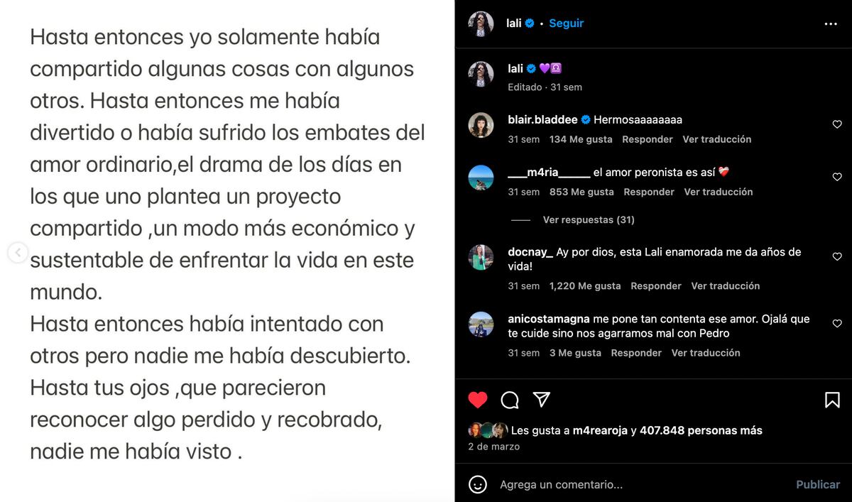 La publicación de Lali que encendió los rumores de noviazgo con Pedro Rosemblat en marzo del 2024. (Foto: captura de pantalla)