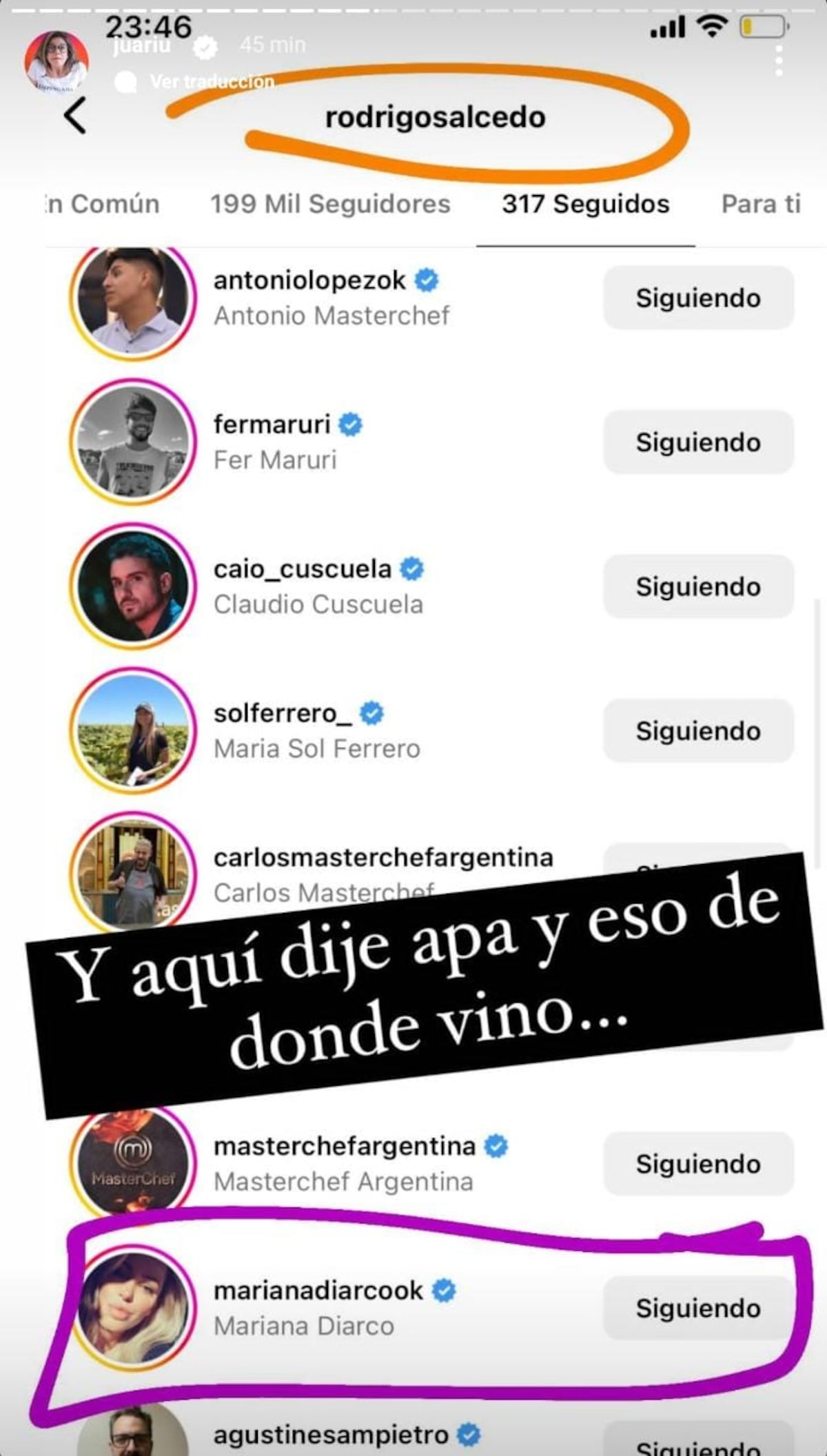 Las pruebas de Juariu en las que descubrió a Rodrigo Salcedo con Mariana Diarco. (Captura)