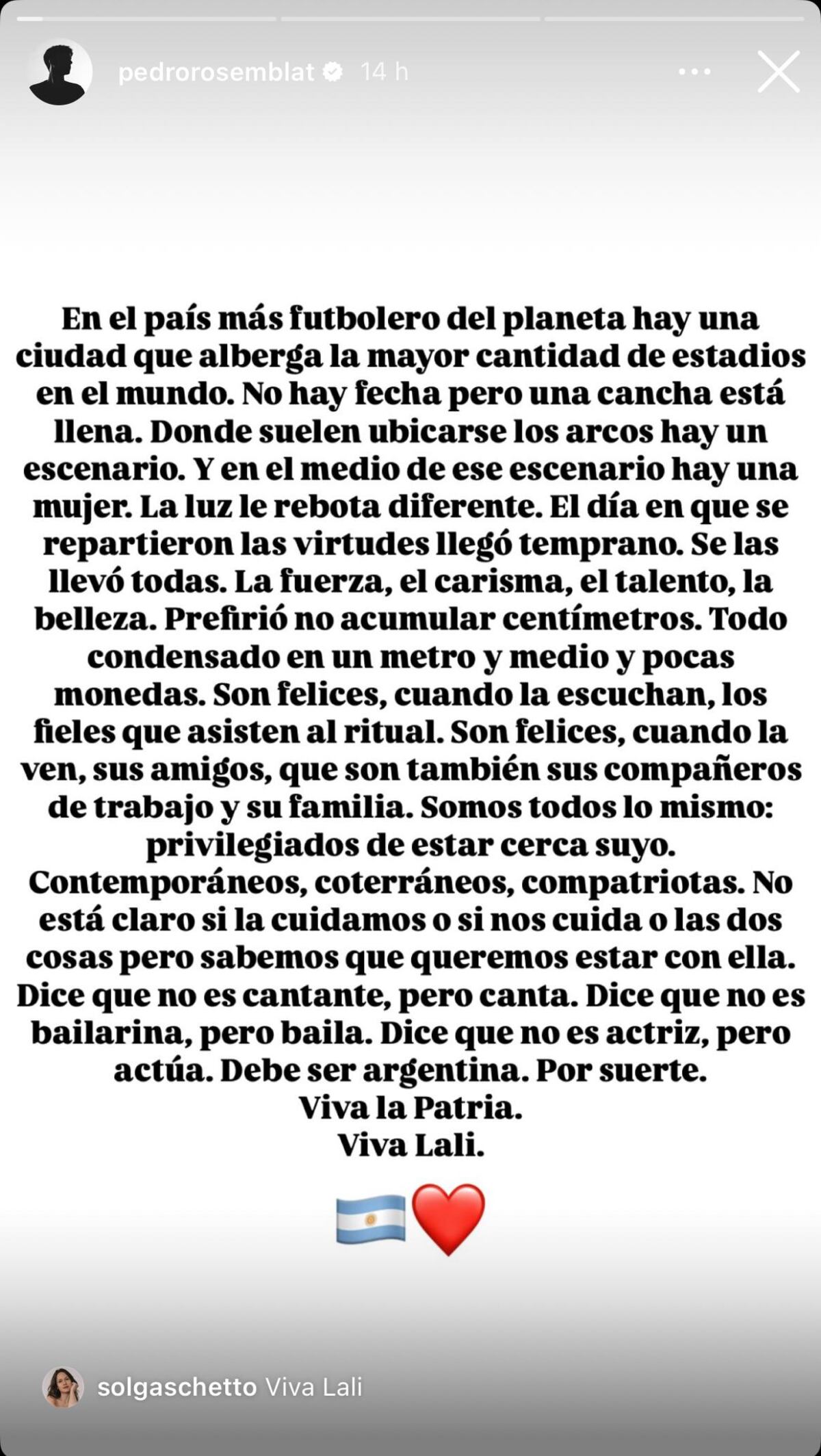 La crónica del show de Lali en Vélez por Pedro Rosemblat (Instagram)
