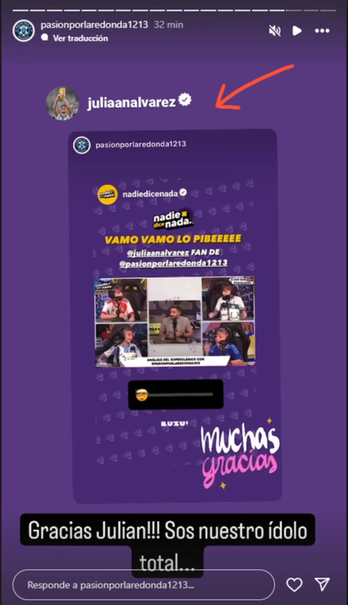 El mensaje de "Pasión por la redonda" a Julián Álvarez. (Captura)