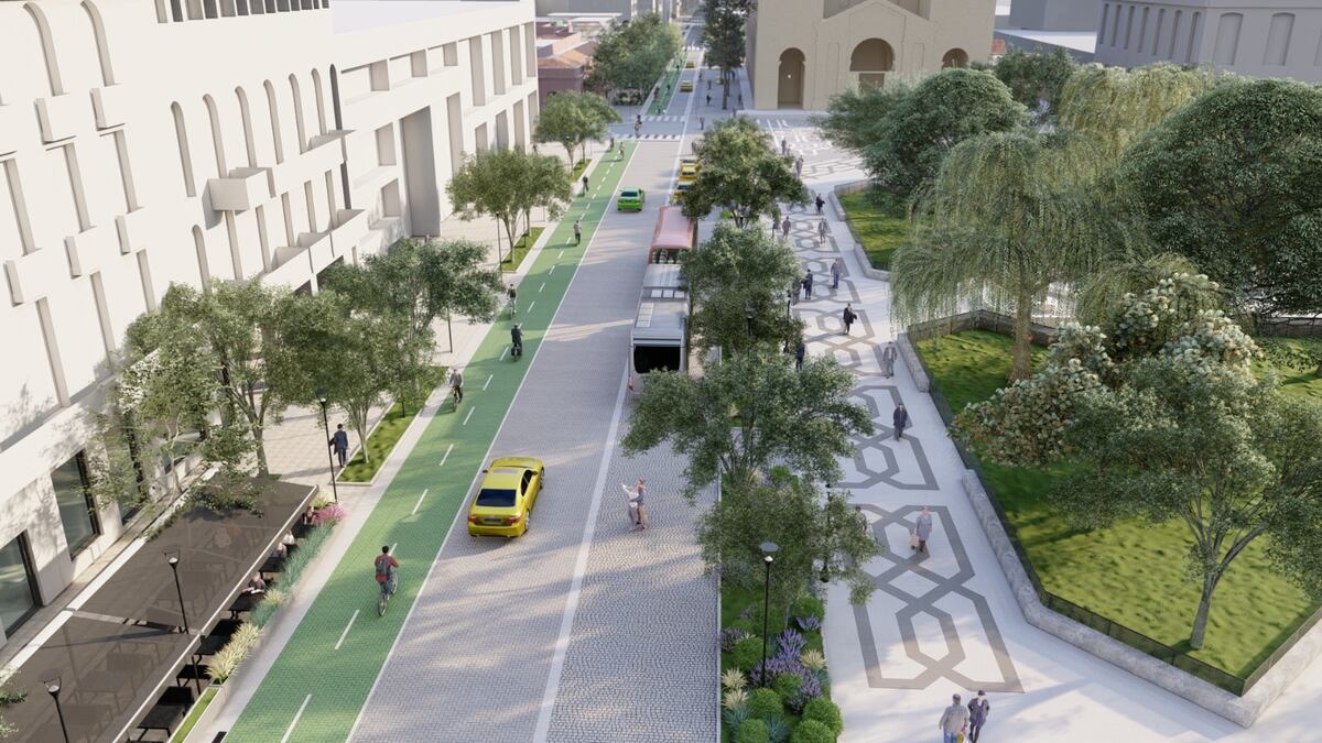 Render de la intervención en calle 27 de Abril - San Jerónimo, que implica la ampliación de la vereda, la consolidación de la ciclovía y la reducción de la calzada para autos (Municipalidad de Córdoba).