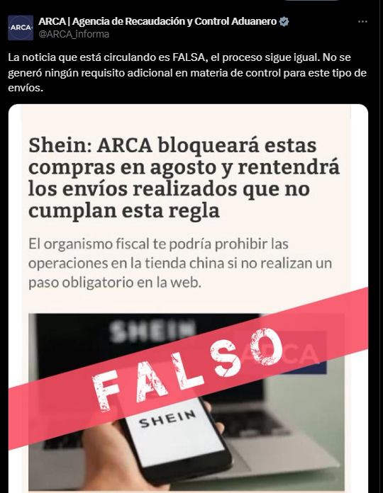 Aclaración de Arca por Shein. (Captura)