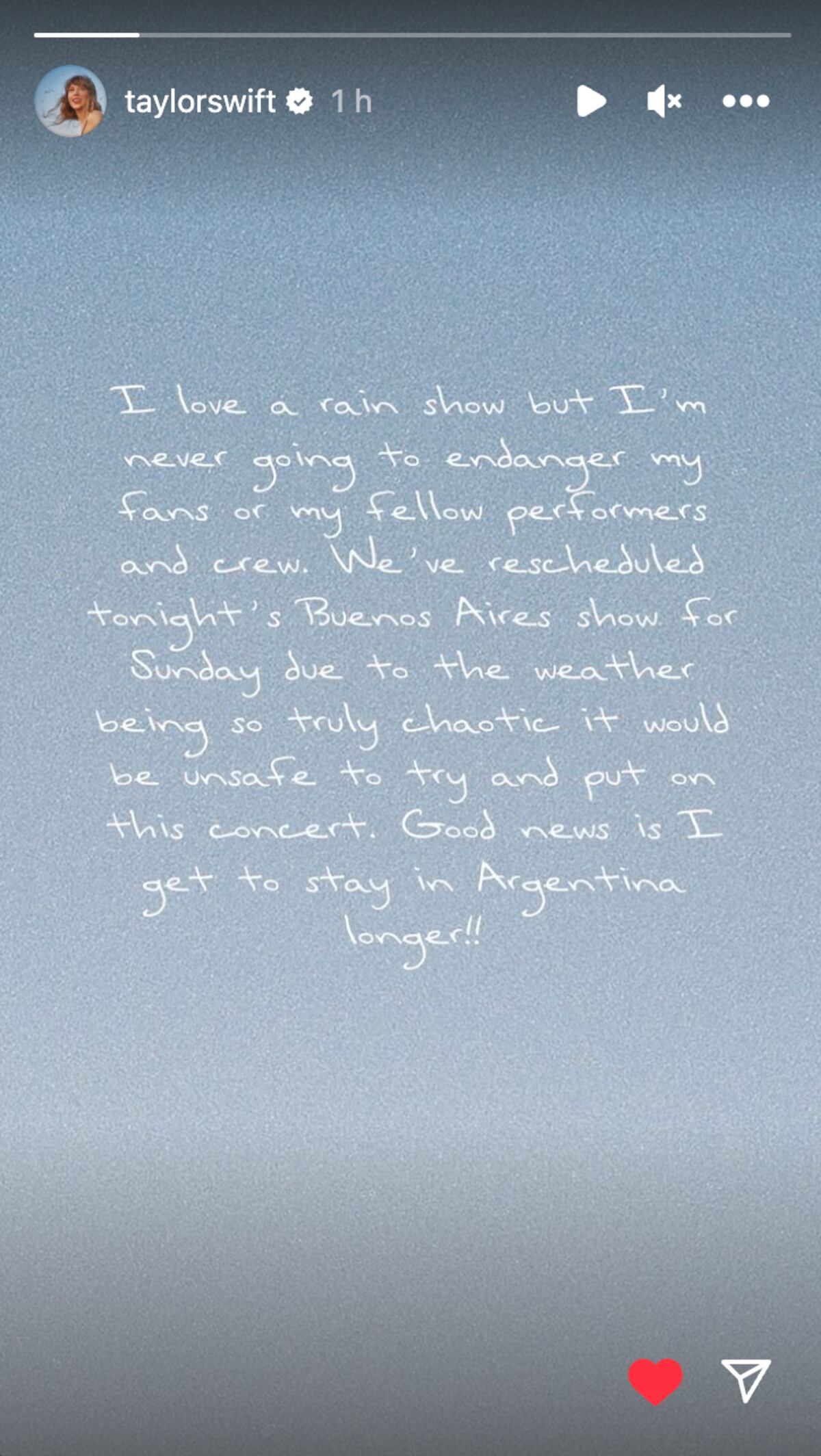La publicación en Instagram de Taylor Swift tras la reprogramación de su segundo show en Argentina. (Foto: Instagram)