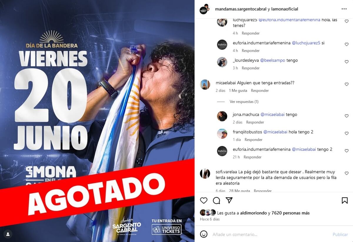 La reventa de entradas para el baile de La Mona Jiménez en el Sargento Cabral, presente en la cuenta de Instagram del cantante. (Captura de pantalla).