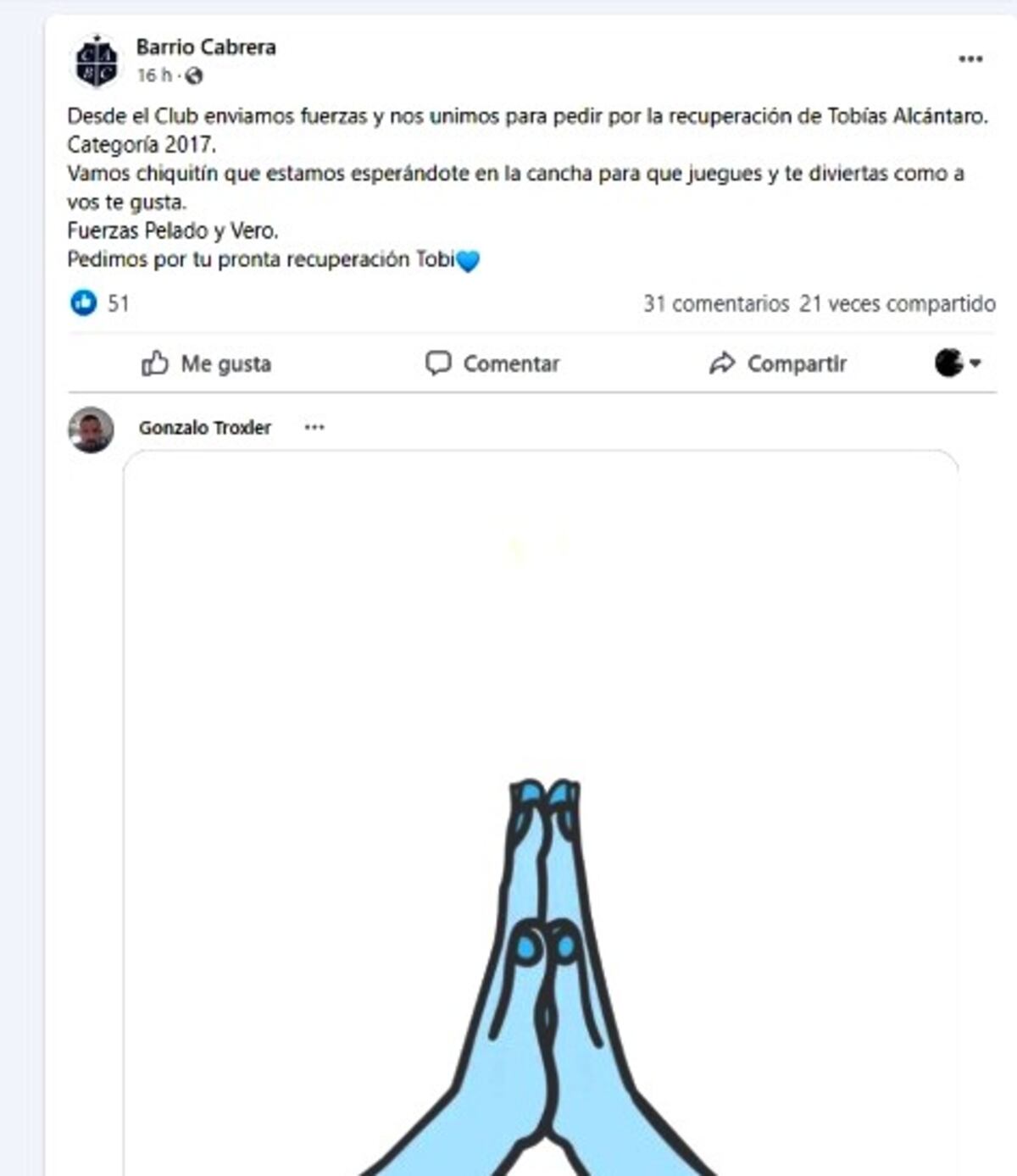 Tobías está grave y sus familiares piden una cadena de oración por su estado de salud.