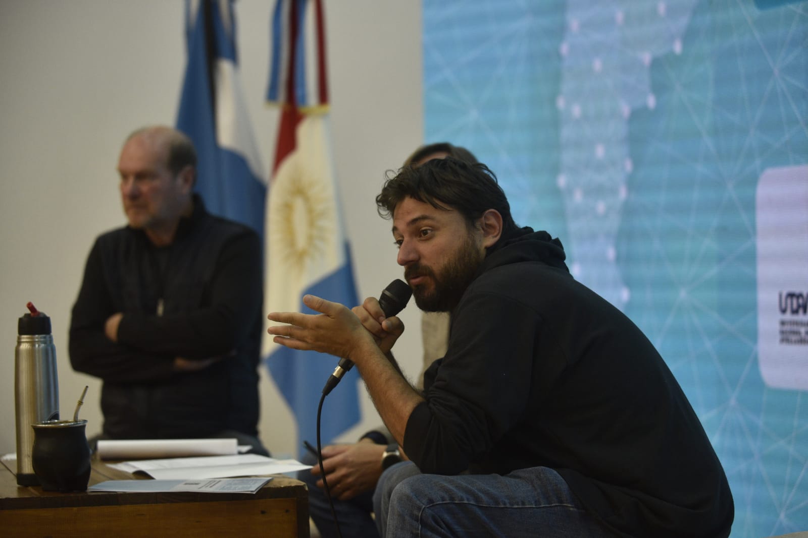 Gustavo Grobocopatel y Juan Grabois en la UNC. (Ramiro Pereyra)