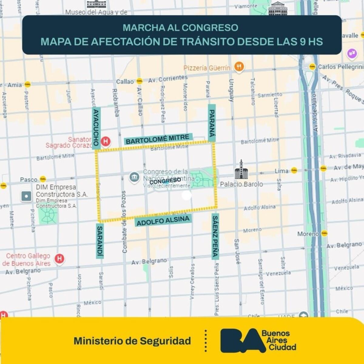 Ciudad Autónoma de Buenos Aires. Los cortes previstos para la marcha de este miércoles 19 de marzo (Gobierno).