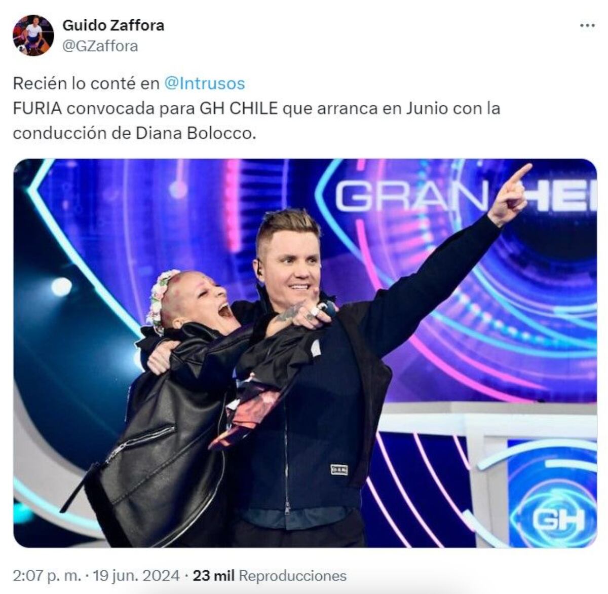 El tuit de Guido Zaffora en donde asegura que Furia habría sido convocada para el GH de Chile. (Foto: captura de pantalla)