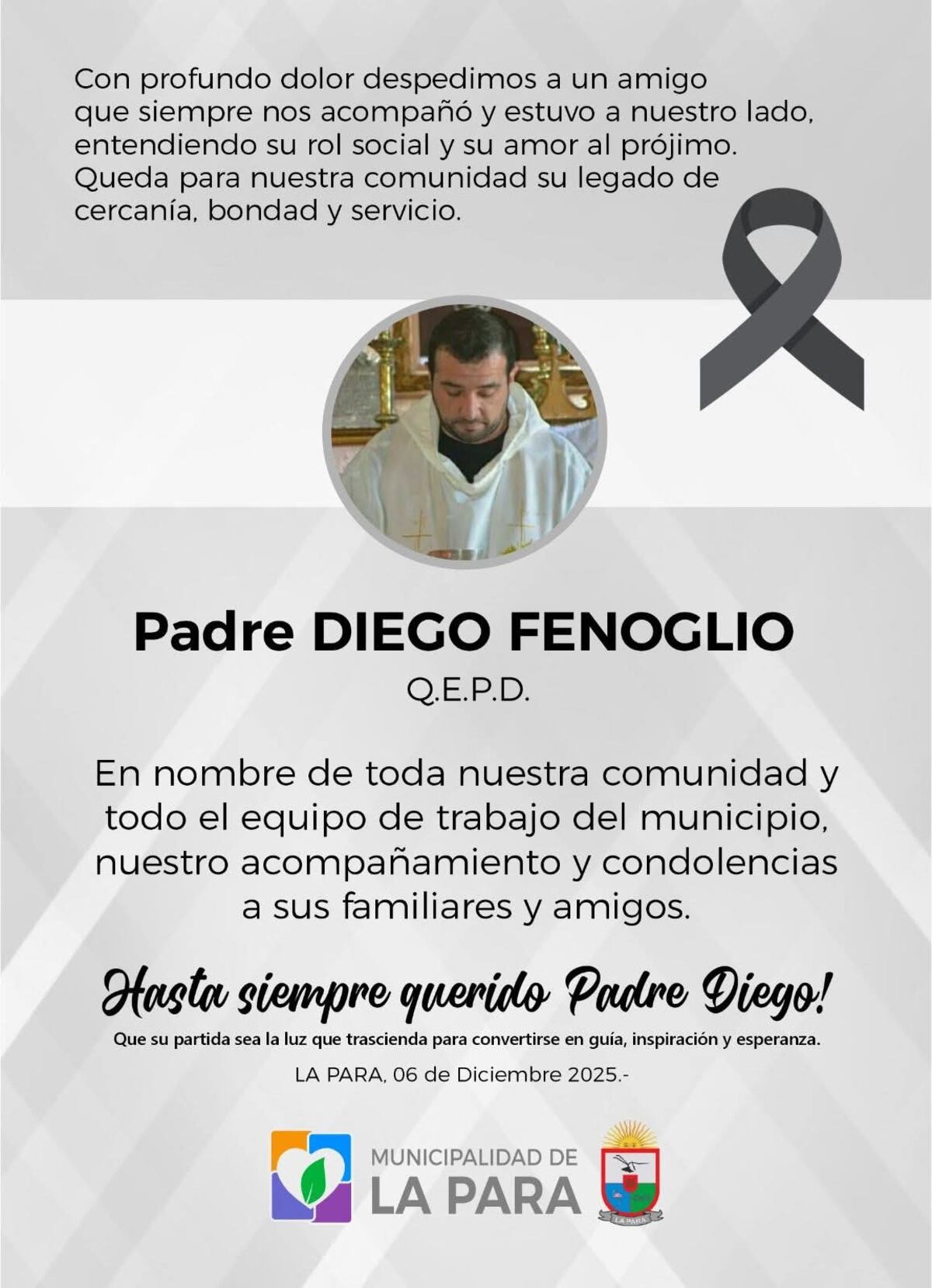 Profunda conmoción en La Para por la muerte del párroco Diego Fenoglio.