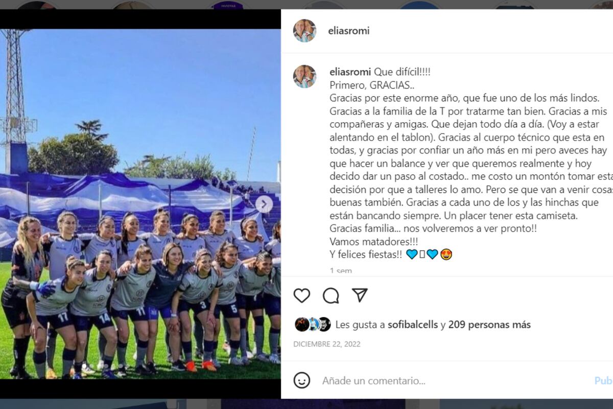 El posteo de Romina Elías para despedirse de Talleres (Instagram)