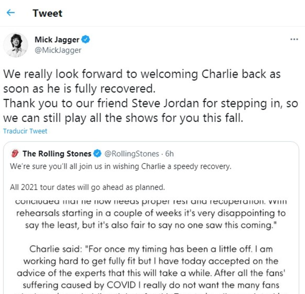 El tuit de Mick Jagger, ante la confirmación de la baja de Watts. (Twitter @MickJagger)