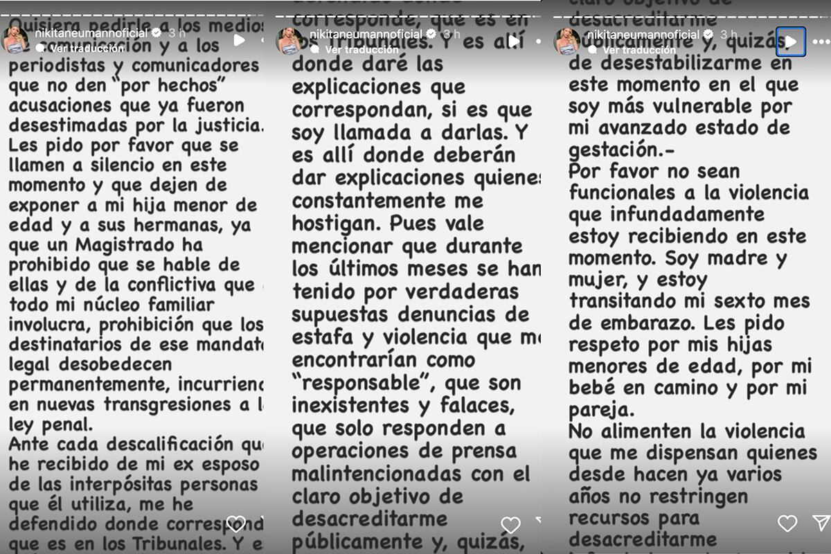 Primera parte del comunicado de Nicole Neumann en Instagram después de ser acusada de ejercer violencia psicológica contra su hija Indiana. (Foto: Captura de pantalla)