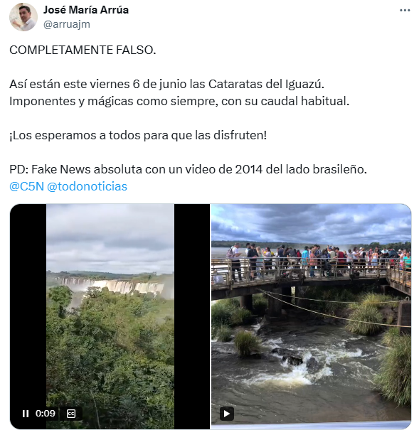 El Ministro de Turismo de la Provincia de Misiones salió a desmentir, mostrando el estado actual de las cataratas.