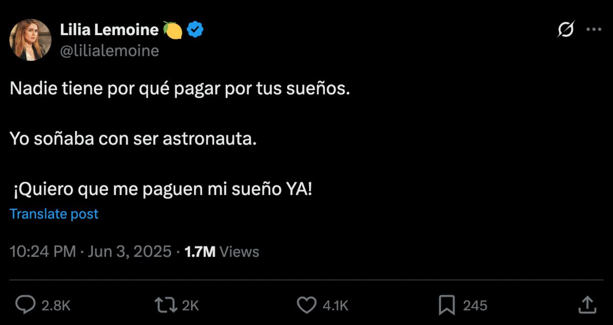 El tuit de Lilia Lemoine que generó indignación entre los internautas. (Foto: captura de pantalla)