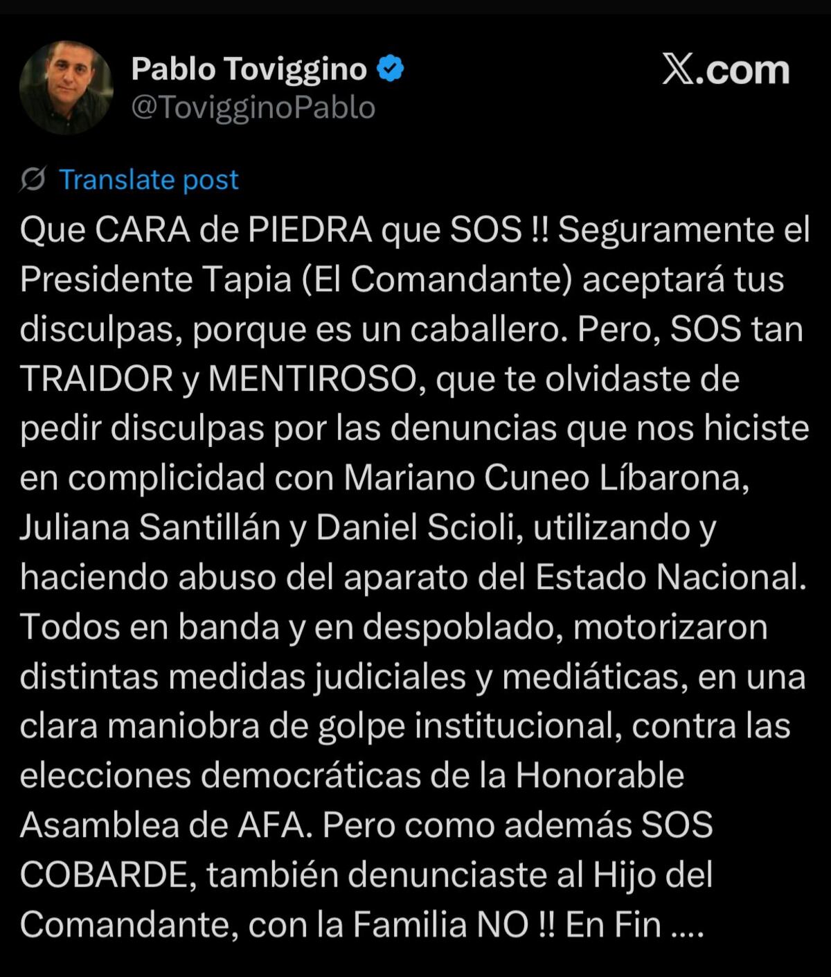 El posteo de Pablo Toviggino en X. (Captura).